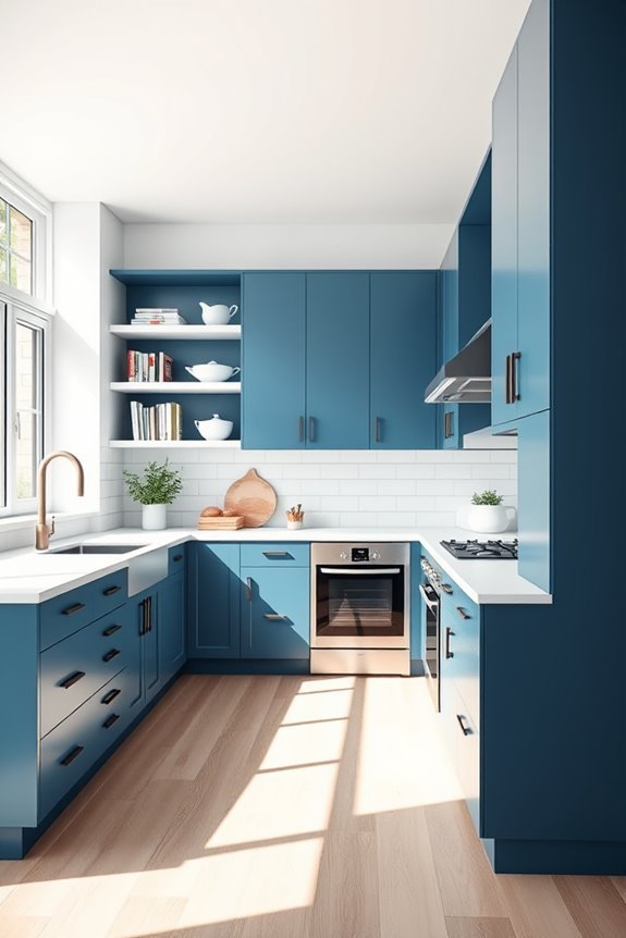 blue cabinets white shelves