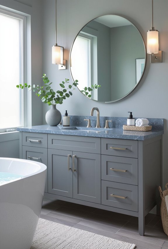 blue grey bathroom with metallics