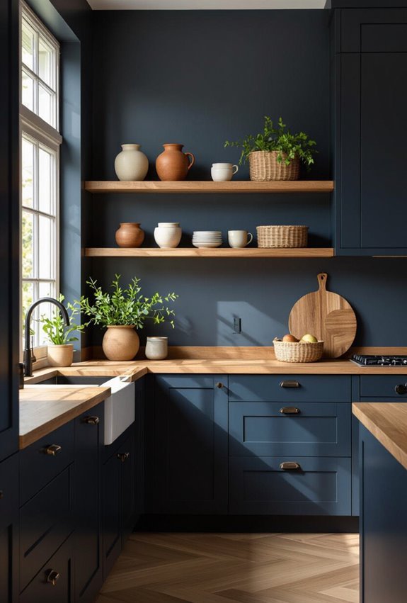 blue kitchen with wood