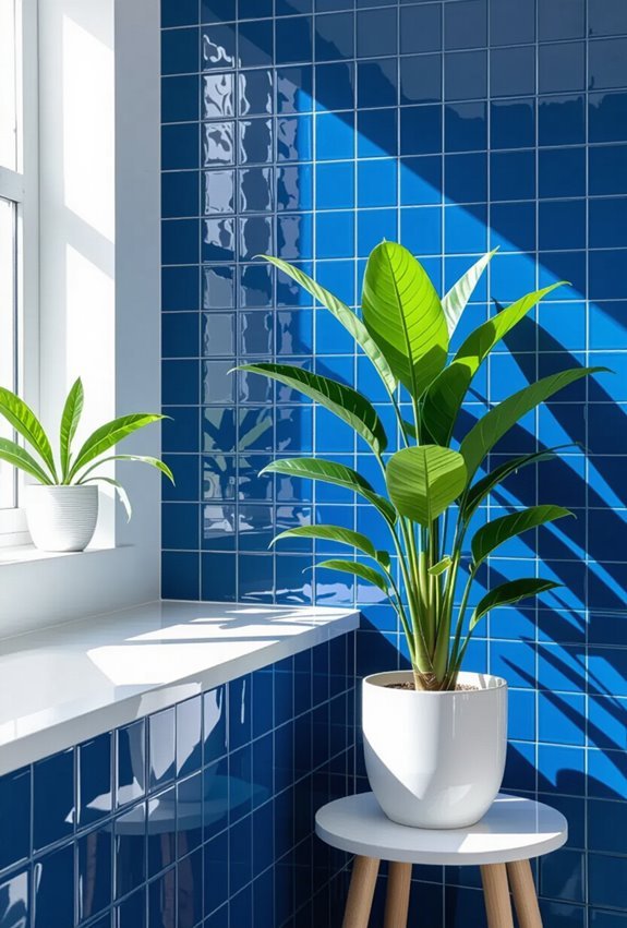 blue tiles lush plants