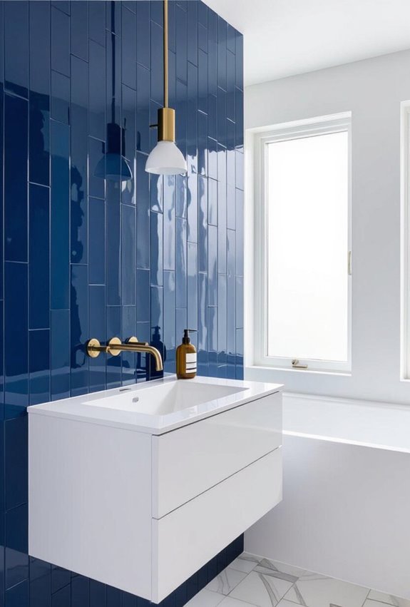 blue tiles with metallic fixtures