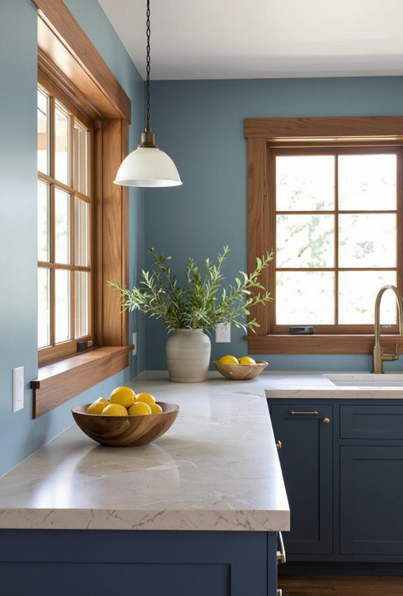 blue walls warm brown trim