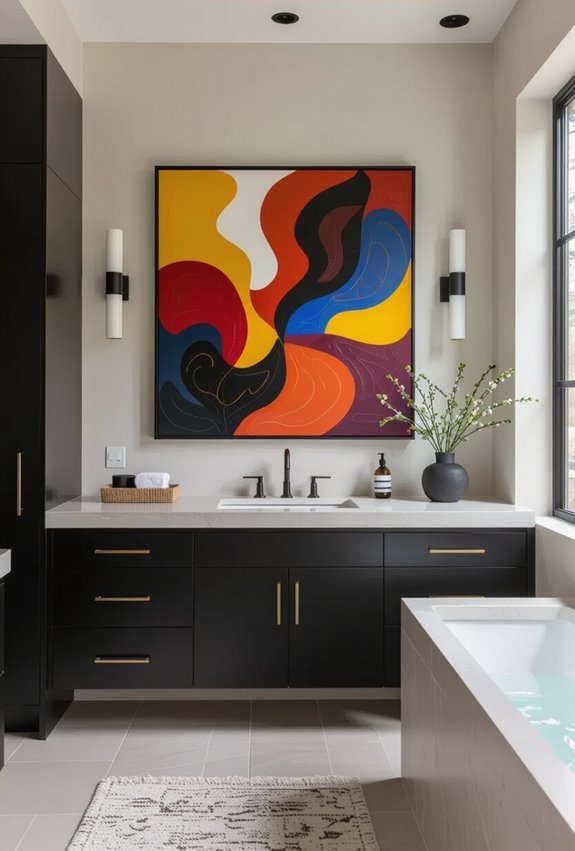 bold art above black cabinets