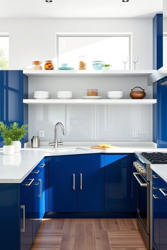bold blue cabinets airy shelving