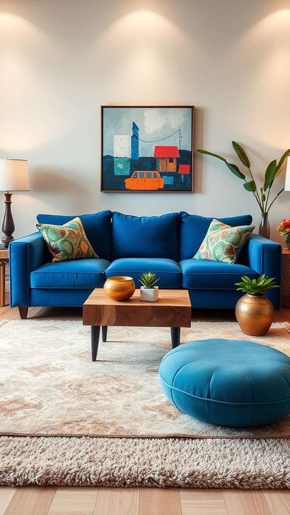 bold blue couch centerpiece
