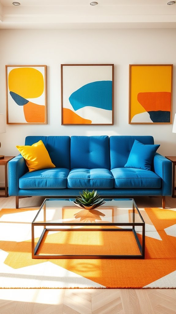 bold colors with blue couch