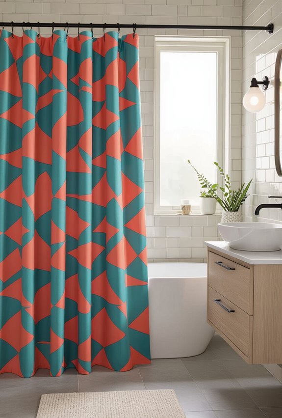 bold curtain anchors small bathroom