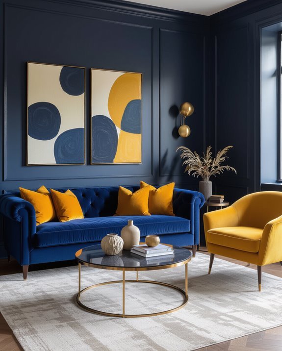 bold navy and mustard accents