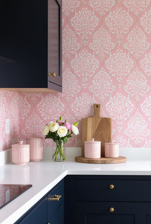 bold patterned pink kitchen