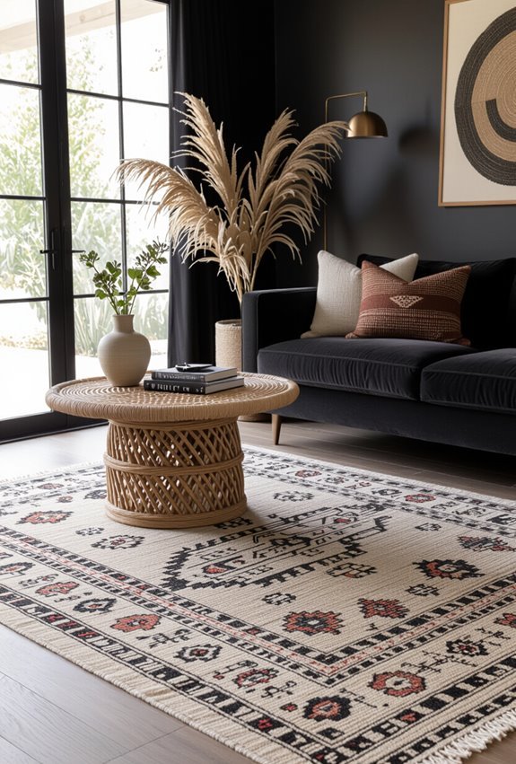 bold patterned rug anchors room