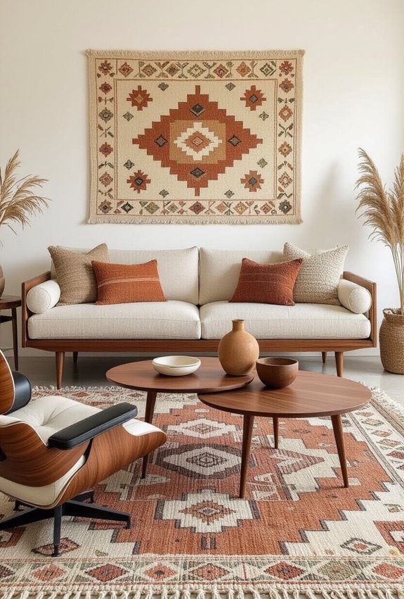 bold patterned rug anchors seating