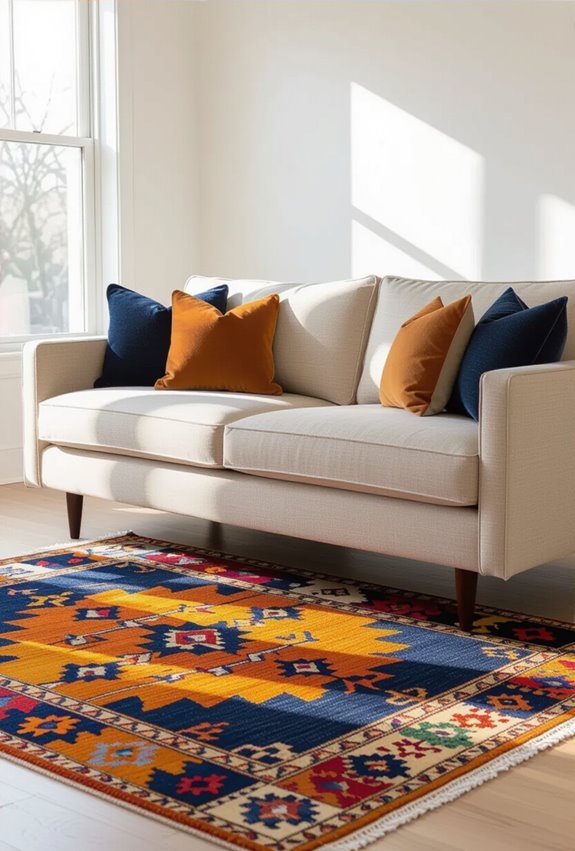 bold rugs enliven beige sofa