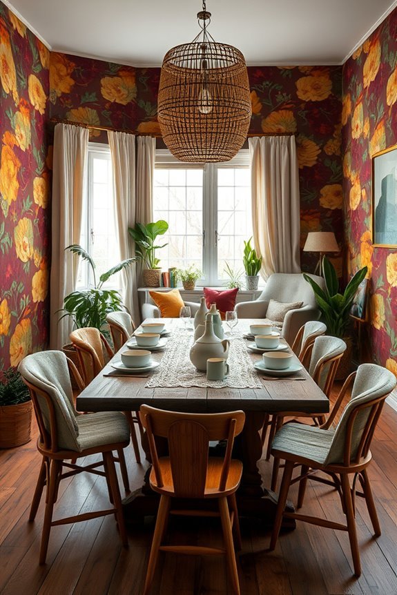 bold wallpaper enhances dining