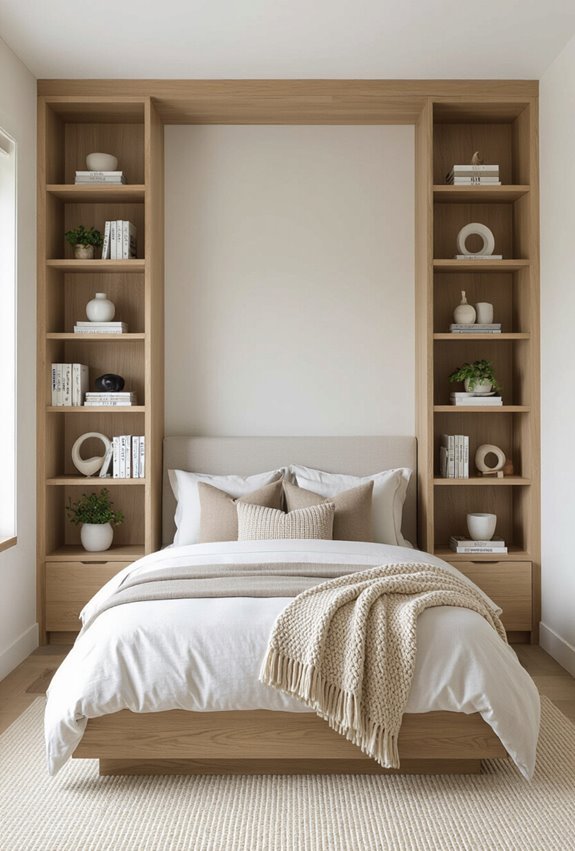bookshelves flank bed frame