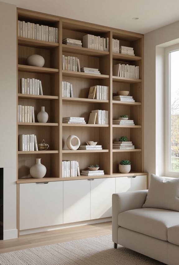 bookshelves with hidden cabinets