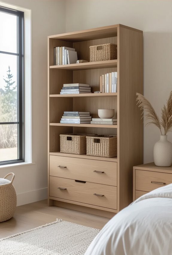 bookshelves with woven drawers