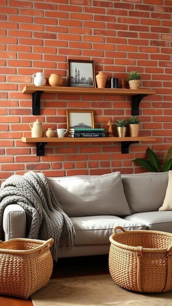 brick wall open shelving