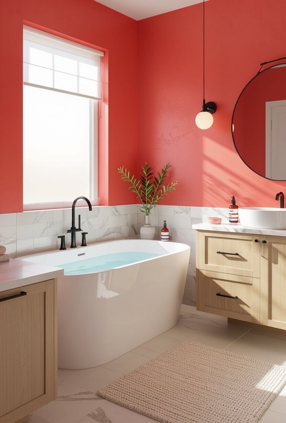 bright coral bathroom with trim