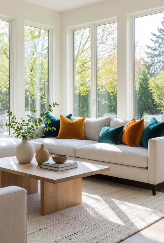 bright cushions enliven neutral sofas