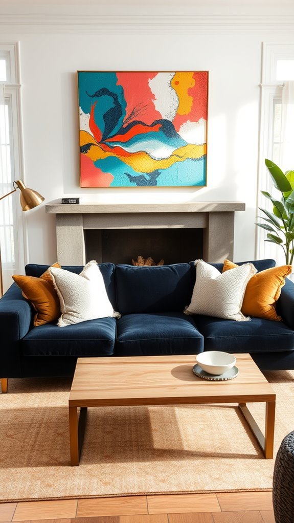bright decor contrasts dark couch