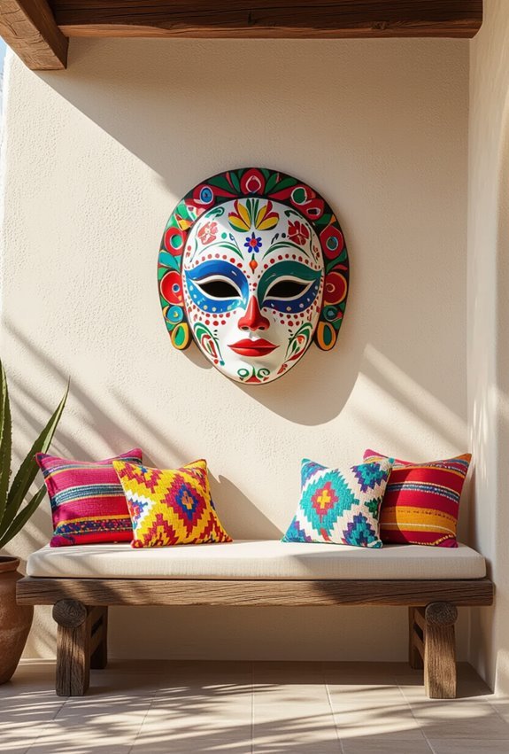 bright mexican masks and sculptures
