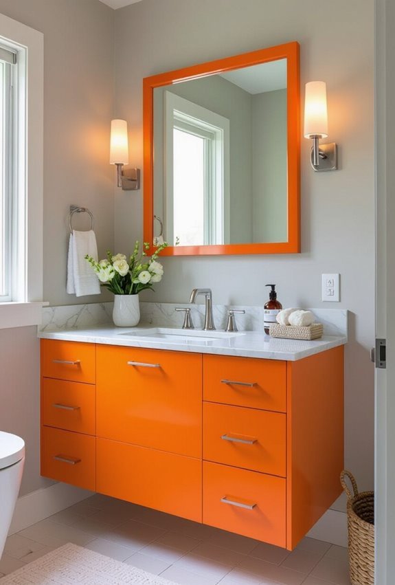 bright orange cabinets energize bathroom