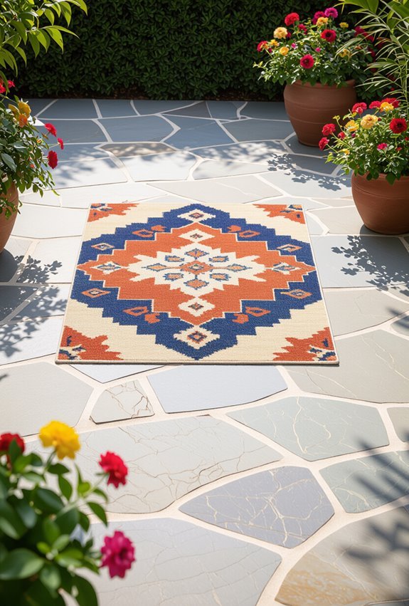 bright rugs soften flagstone flooring