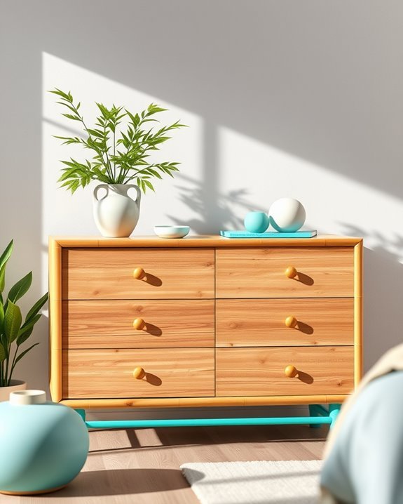 brightly painted bamboo dressers
