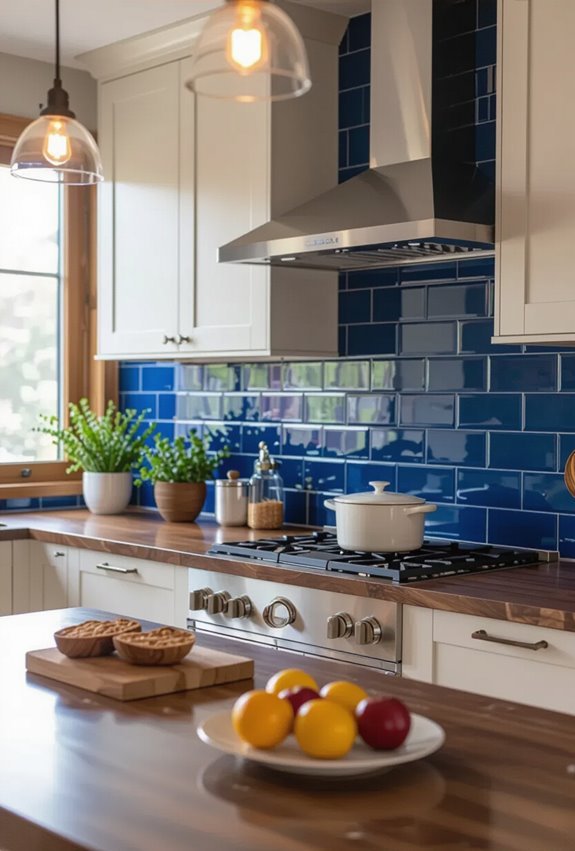 brown counters blue backsplash