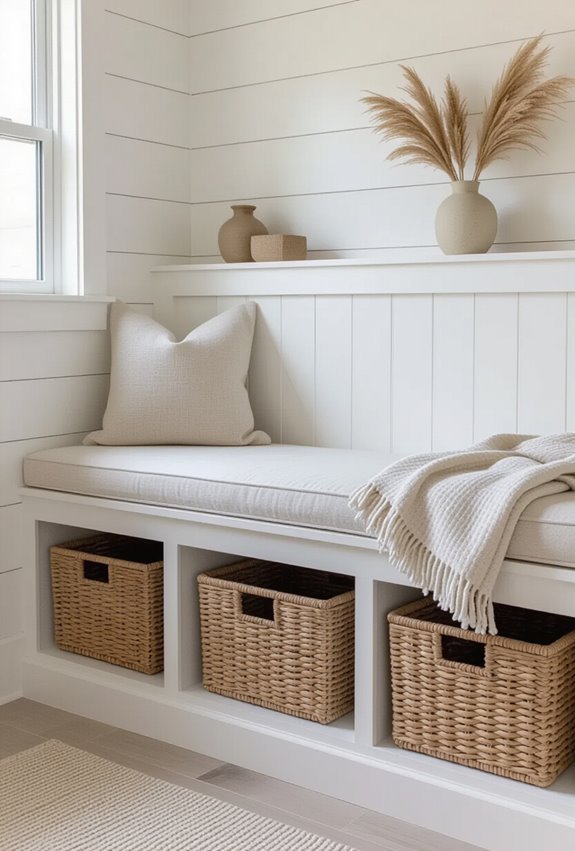 built in bench with baskets