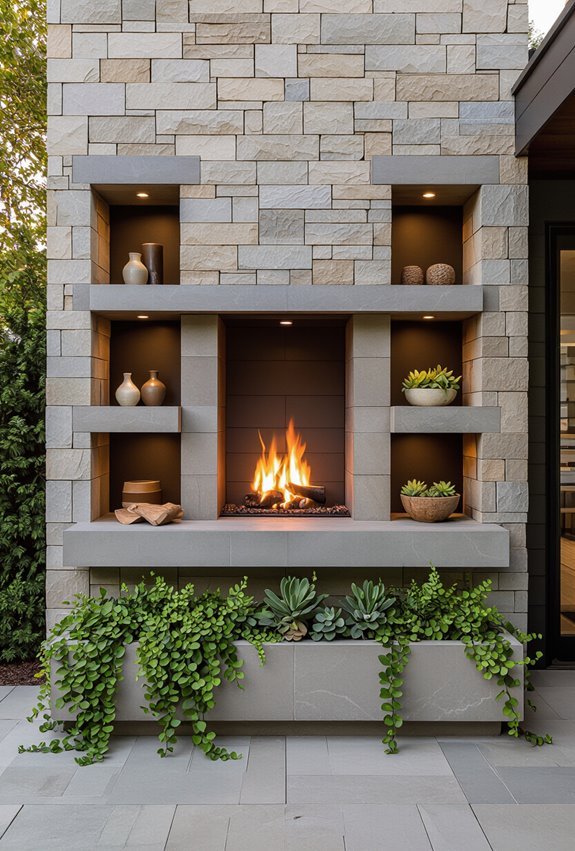 built in shelving and planters