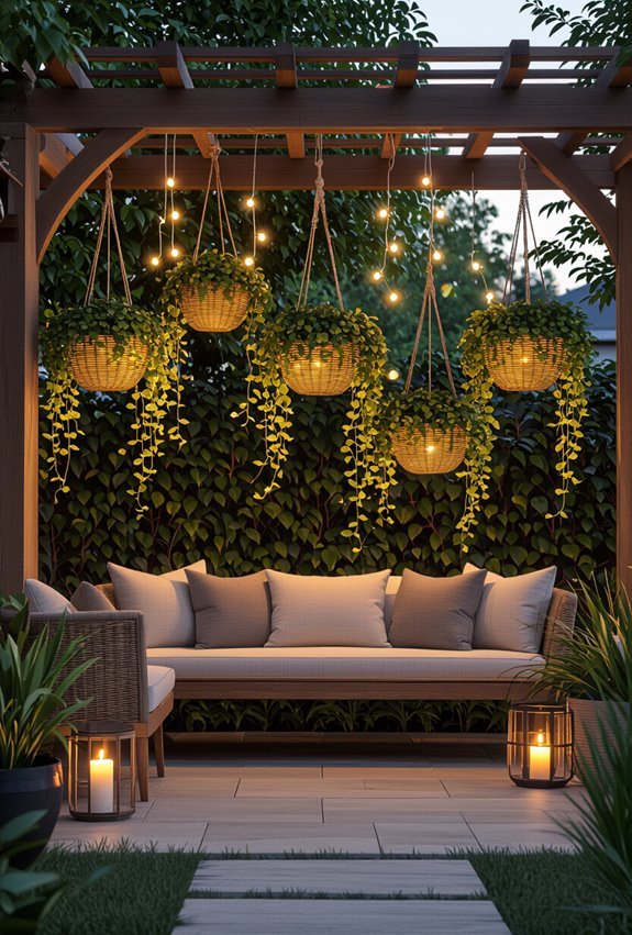 cafe lights with hanging planters