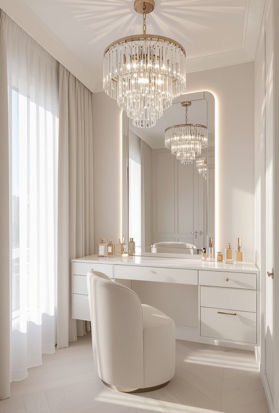 chandelier elevates dressing room elegance