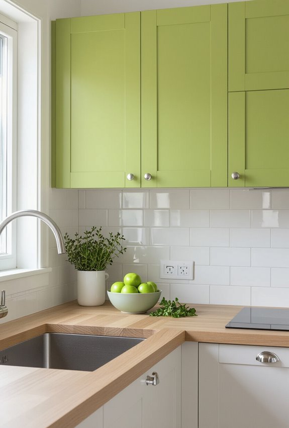 chartreuse accents brighten compact kitchens