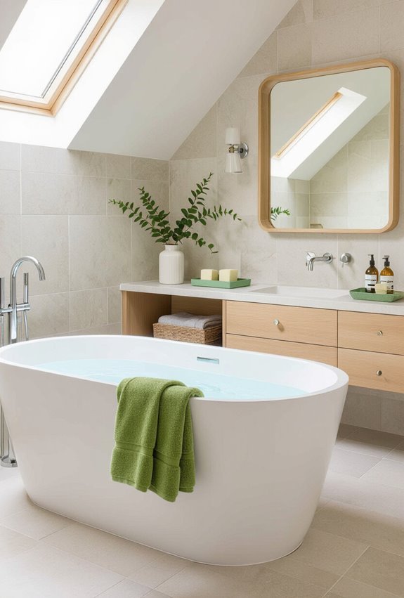 chartreuse accents enliven neutral bathroom