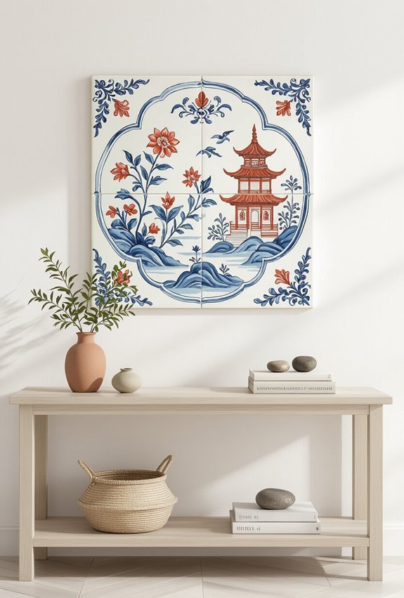 chinoiserie painted terracotta tiles