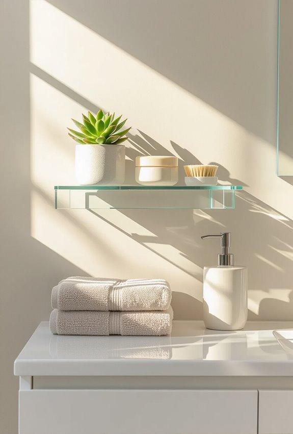 clear glass shelves minimize clutter