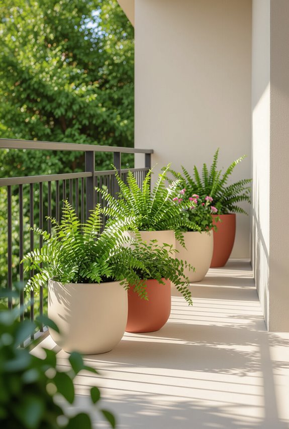 color coordinated balcony plant pots
