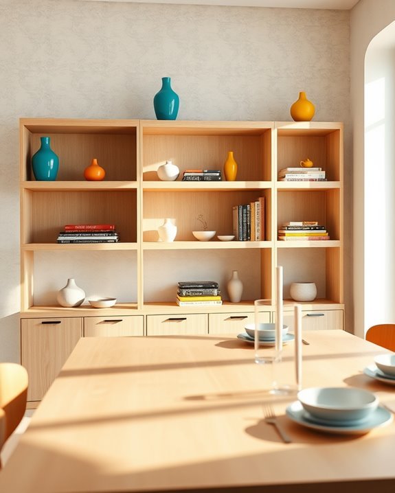 colorful built in shelf displays