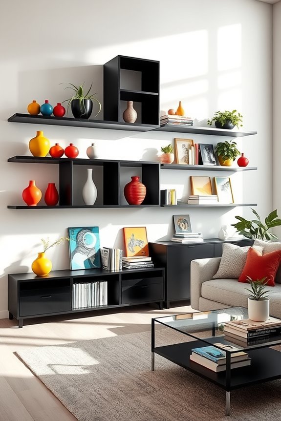 colorful decor enhances shelves