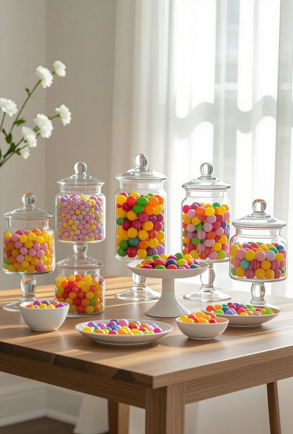 colorful labeled candy jar buffet