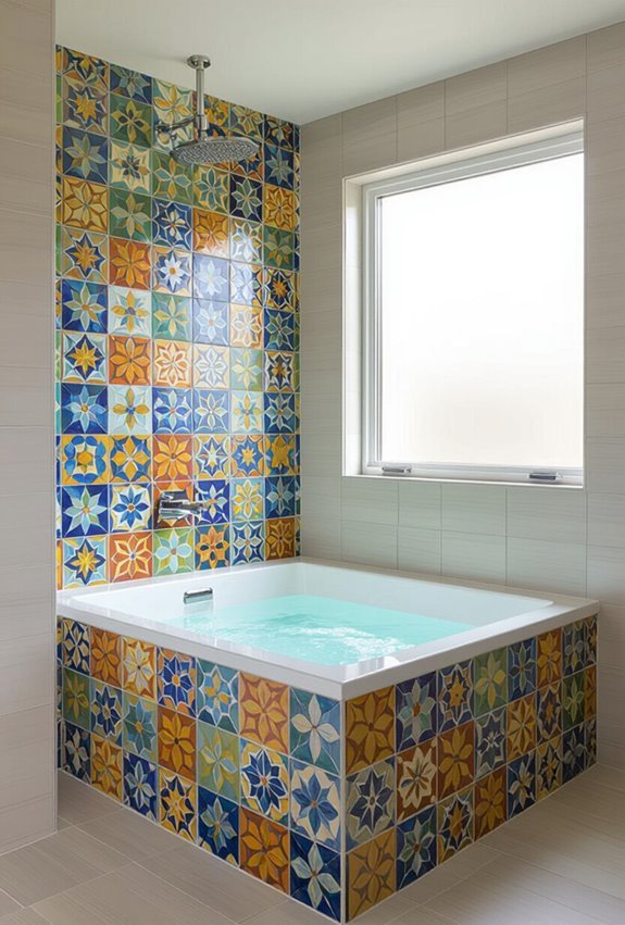 colorful patterned tile bathtub shower