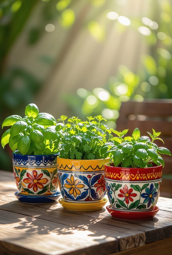colorful planters with herbs