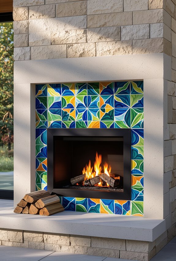 colorful tile fireplace makeover