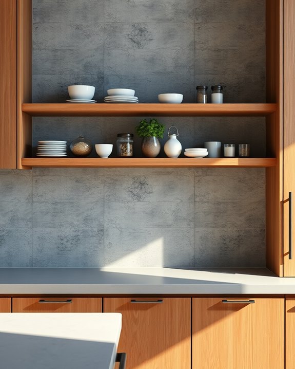 concrete accented open shelving