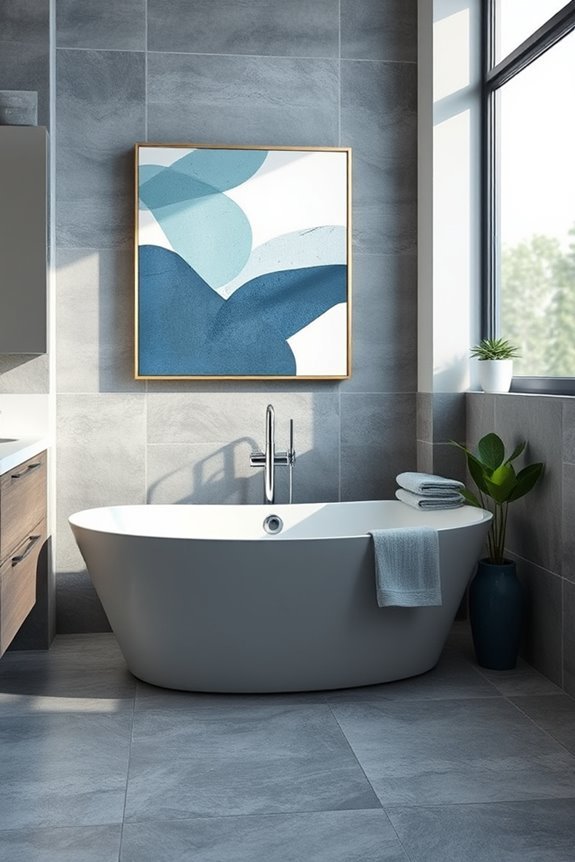 contemporary blue grey bathroom artwork