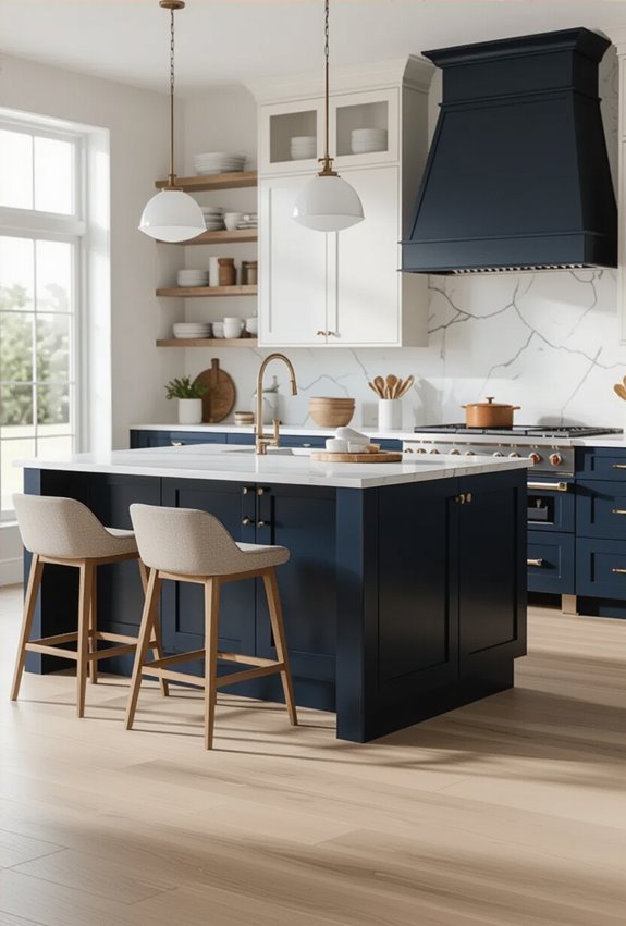 contrasting island lighter wall cabinetry