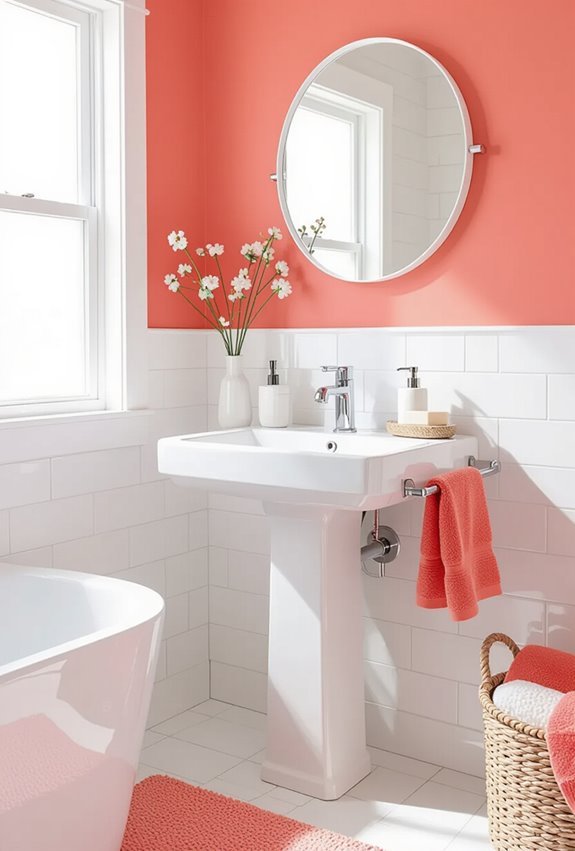 coral accents brighten soft whitebathroom