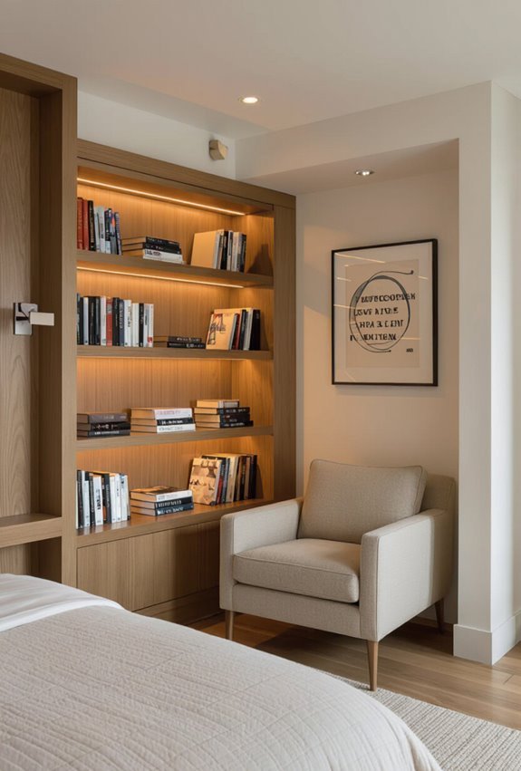 corner bookshelves with lights