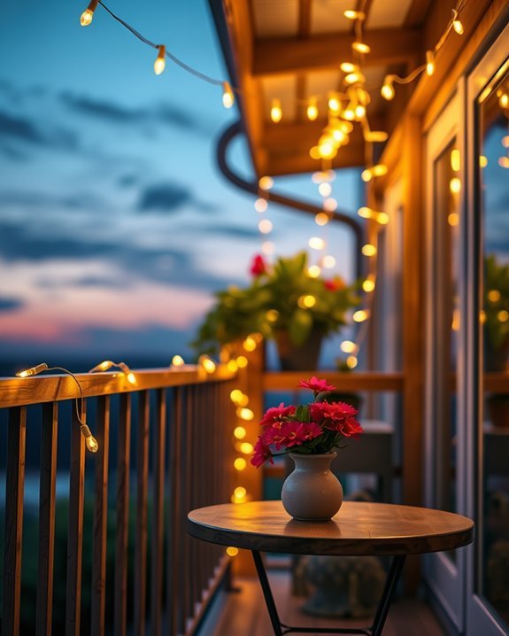 cozy balcony with string lights